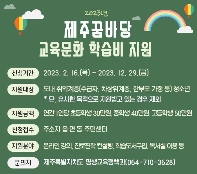  신청기간 : 2023. 2. 16(목) ~ 2023. 12. 29(금) 
  지원대상  
  - 도내 취약계층(수급자, 차상위계층, 한부모 가정 등) 청소년
   * 단, 유사한 목적으로 지원받고 있는 경우 제외   
  지원금액: 연간 1인당 초등학생 30만원, 중학생 40만원,                  고등학생 50만원  
  신청접수 : 주소지 읍·면·동 주민센터  
  지원분야: 온라인 강의, 진로진학 컨설팅, 학습도서 구입, 독서실 이용 등
  문 의 처: 제주특별자치도 평생교육정책과(064-710-3628)