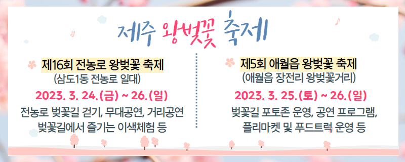 제16회 전농로 왕벚꽃축제
❍ 기 간 : 2023. 3. 24.(금) ~ 2023. 3. 26.(일), 3일간 ※ 개회식: 19:00
❍ 장 소 : 삼도1동 전농로 일대
❍ 주최/주관 : 삼도1동축제추진위원회
❍ 후 원 : 삼도1동주민센터, 각 자생단체 및 각 마을회
❍ 행사 내용 : 무대공연, 거리공연, 벚꽃길에서 즐기는 이색체험 등
❍ 문의전화 : 064-728-4524 (삼도1동축제추진위원회)

제5회 애월읍 왕벚꽃축제

- 기 간 : 2023. 3. 25(토) ~ 3. 26.(일) * 개막식 : 3. 25.(토) 18:00
· 포토존 운영 : 3. 21.(화) ~ 3. 27.(월)
- 장 소 : 애월읍 장전리 왕벚꽃거리
- 내 용 : 벚꽃길 포토존, 공연, 플리마켓 및 푸드트럭 운영 등(새창)