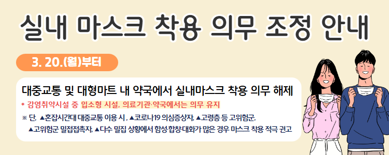 실내 마스크 착용 의무 추가 조정 안내

3.20.(월)부터 대중교통 및 대형마트 내 약국에서 실내 마스크 착용 의무 해제
* 감염취약시설 중 입소형 시설, 의료기관·약국에서는 의무 유지

단, ▲혼잡시간대 대중교통 이용 시 , ▲코로나19 의심증상자, ▲고령층 등 고위험군, ▲고위험군 밀접접촉자, ▲다수 밀집 상황에서 함성·합창·대화가 많은 경우 마스크 착용 적극 권고