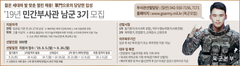 2019년 육군 민간부사관 남군 3기 선발 공고문 첨부이미지