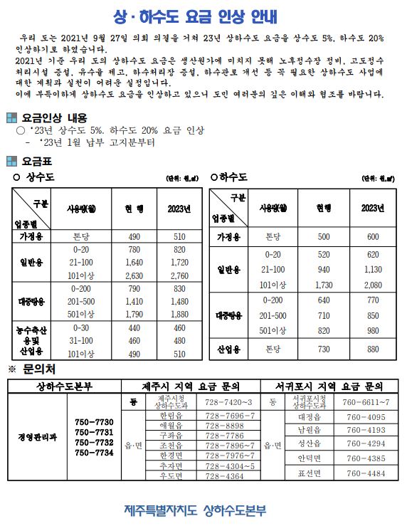 2023년 상·하수도 요금 인상 후속조치 계획 알림 첨부이미지