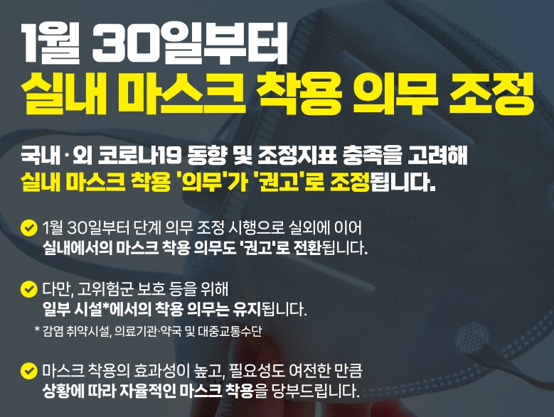 1월 30일부터 실내 마스크 착용 의무 조정 안내 첨부이미지