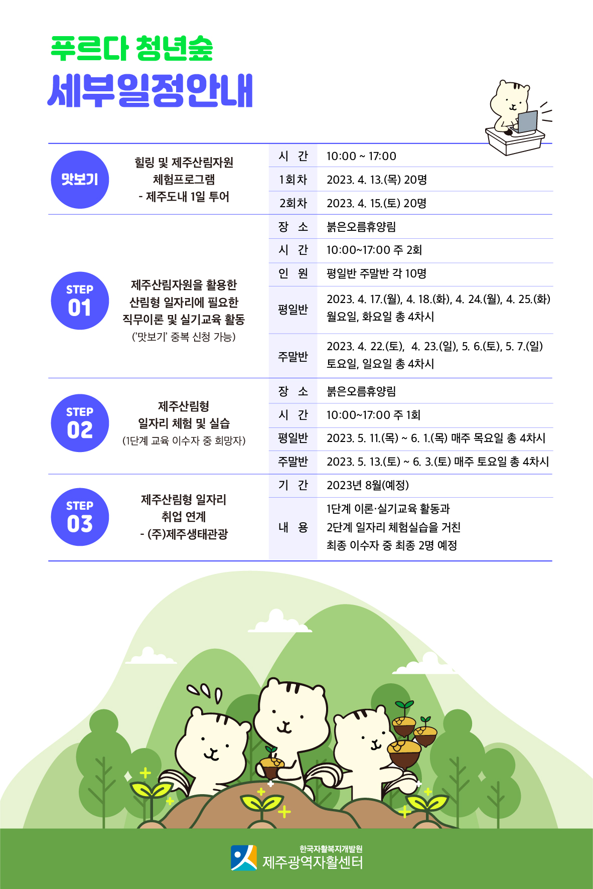 푸르다 청년숲-청년내일저축계좌 제주지역 가입자의 계좌 만기 달성을 위한 제주 산림자원을 활용한 서비스 지원사업 참여자 모집 첨부이미지