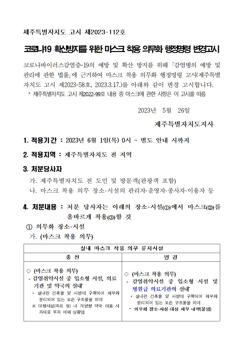 코로나19 확산 방지를 위한 마스크 악용 의무화 행정명령 변경 고시 알림 첨부이미지