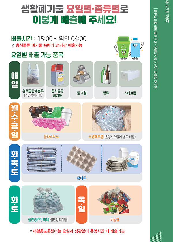 생활폐기물 요일별·종류별로 이렇게 배출해 주세요 상세(대체 텍스트 있음)
