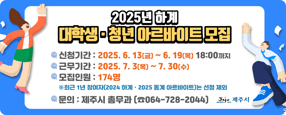 2025년 하계 대학생·청년 아르바이트 모집. 신청기간은 2025년 6월 13일 금요일부터 6월 19일 목요일 오후 6시까지. 근무기간은 2025년 7월 3일 목요일부터 2025년 7월 30일 수요일까지. 모집인원은 174명(※ 최근 1년 참여자(2024년 하계, 2025년 동계 아르바이트)는 선정 제외). 문의는 제주시 총무과 전화 064-728-2044. 제주특별자치도 제주시.