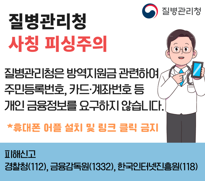 질병관리청 사칭 피싱주의.
질병관리청은 방역지원금 관련하여 주민등록번호 및 카드,계좌번호 등 개인 금융정보를 요구하지 않습니다.
※ 휴대폰 어플 설치 및 링크 클릭 금지.
피해신고는 경찰청(112), 금융감독원(1332), 한국인터넷진흥원(118).
주관은 질병관리청.