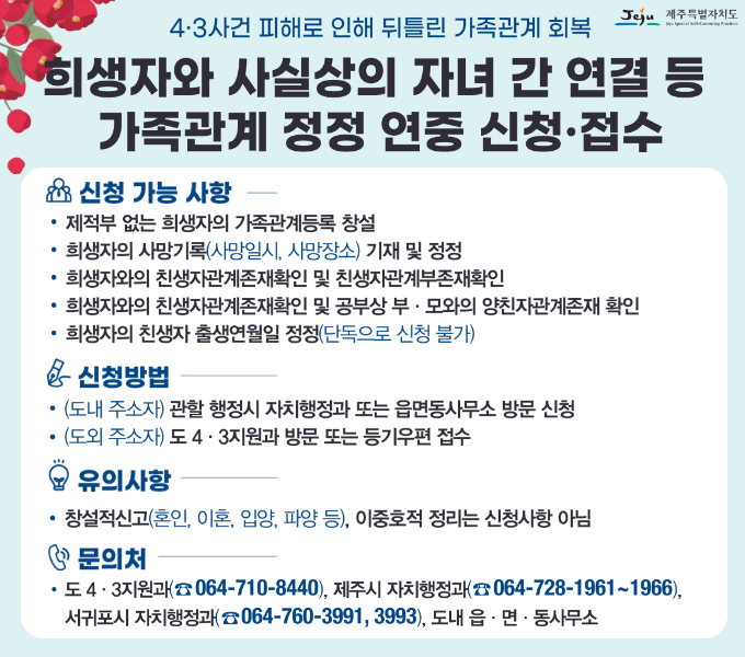 ○ 신청 가능사항
  - 제적부 없는 희생자의 가족관계등록 창설
  - 희생자의 사망기록(사망일시, 사망장소) 기재 및 정정
  - 희생자와의 친생자관계존재확인 및 친생자관계부존재확인
  - 희생자와의 친생자관계존재확인 및 공부상 부·모와의 양친자관계존재 확인
  - 희생자의 친생자 출생연월일 정정(단독으로 신청 불가)
○ 신청방법 
  - (도내 주소자) 관할 행정시 자치행정과 또는 읍면동사무소 방문 신청
  - (도외 주소자) 도 4·3지원과 방문 또는 등기우편 접수
○ 유의사항 : 창설적신고(혼인, 이혼, 입양, 파양 등), 이중호적 정리는 신청 사항이 아님
○ 문 의 처 : 도 4·3지원과(☎064-710-8440), 제주시 자치행정과(☎064-728-1961~1966, 서귀포시 자치행정과(☎064-760-3991, 3993), 도내 읍·면·동사무소