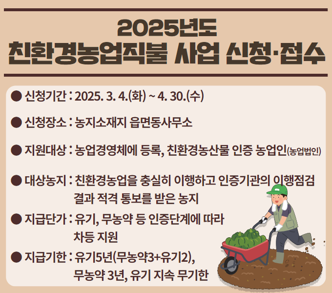 □  2025년 친환경농업직불 사업 신청․접수
 ❍ 신청기간 : 2025. 3. 4.(화) ~ 4. 30.(수)
 ❍ 신청장소 : 농지소재지 읍면동사무소
 ❍ 지원대상 : 농업경영체에 등록, 친환경농산물 인증 농업인(농업법인)
 ❍ 대상농지 : 친환경농업을 충실히 이행하고 인증기관의 이행점검 
                결과 적격 통보를 받은 농지
 ❍ 지급단가 : 유기, 무농약 등 인증단계에 따라 차등 지원
 ❍ 지급기한 : 유기 5년(무농약 3 +유기 2), 무농약 3년, 유기 지속 무기한
