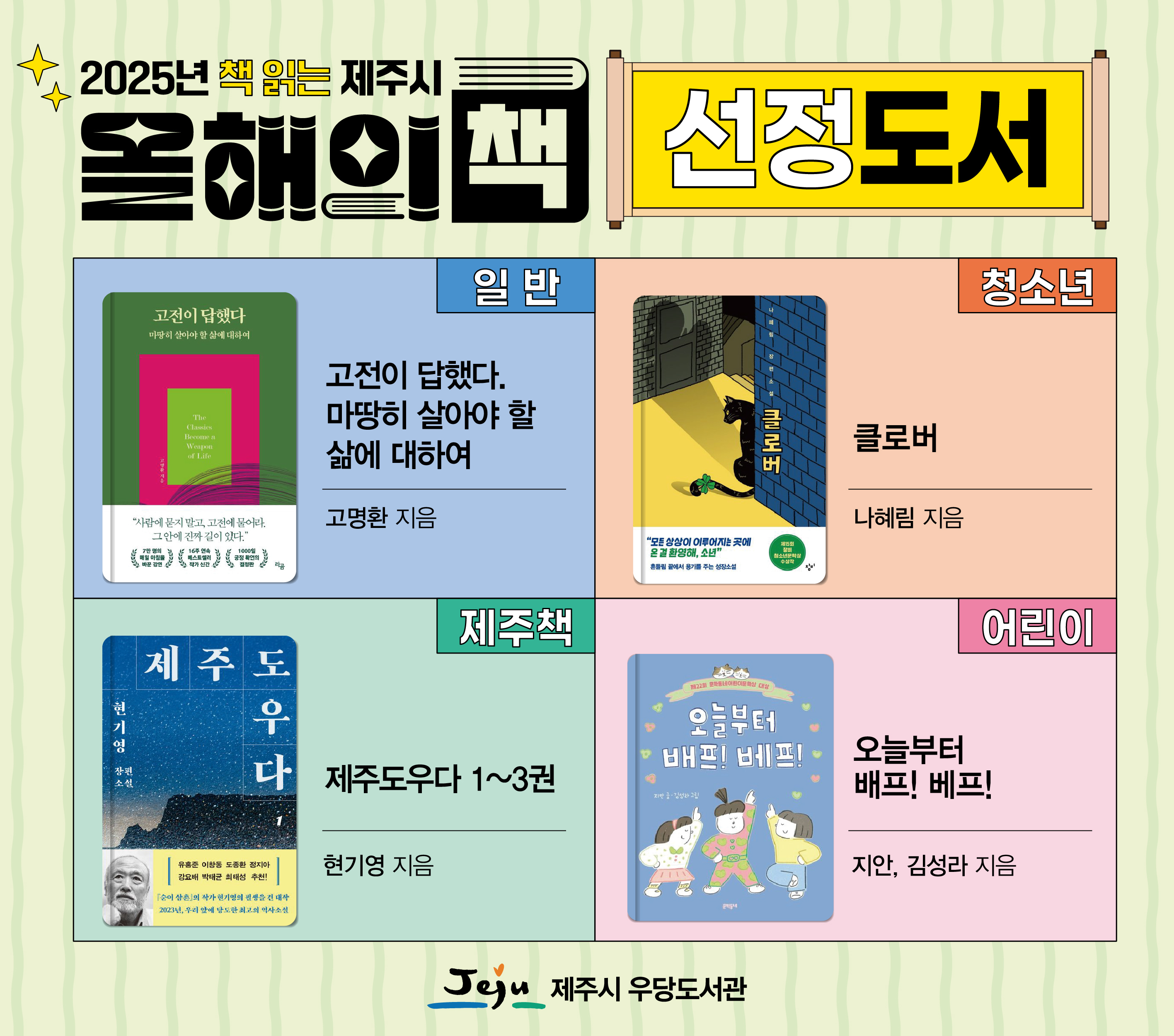❍ 2025년 책 읽는 제주시 올해의 책 선정 도서
-일반: <고전이 답했다. 마땅히 살아야 할 삶에 대하여>, 고명환
-청소년: <클로버>, 나혜림
-어린이: <오늘부터 배프! 베프!>, 지안,김성라
-제주책: <제주도우다>, 현기영
