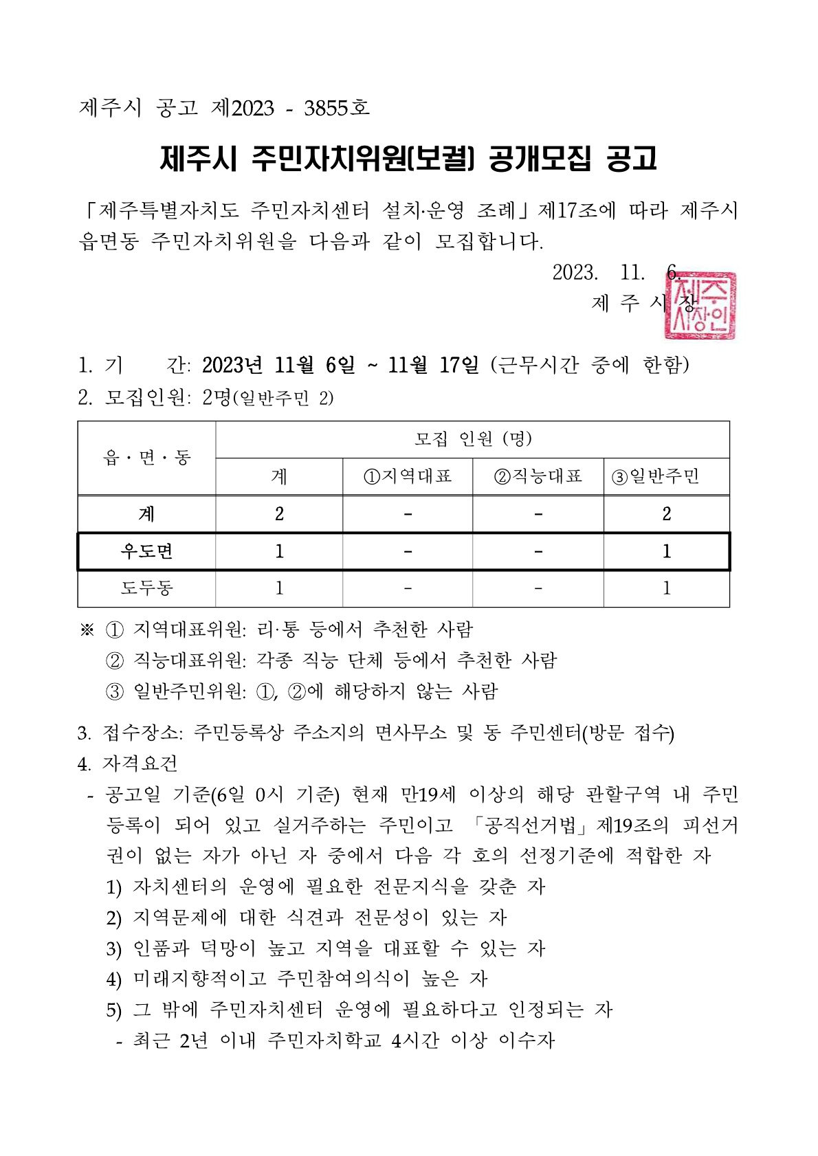 제11기 우도면 주민자치위원 모집 공고[2023년 11월 보궐모집] 첨부이미지