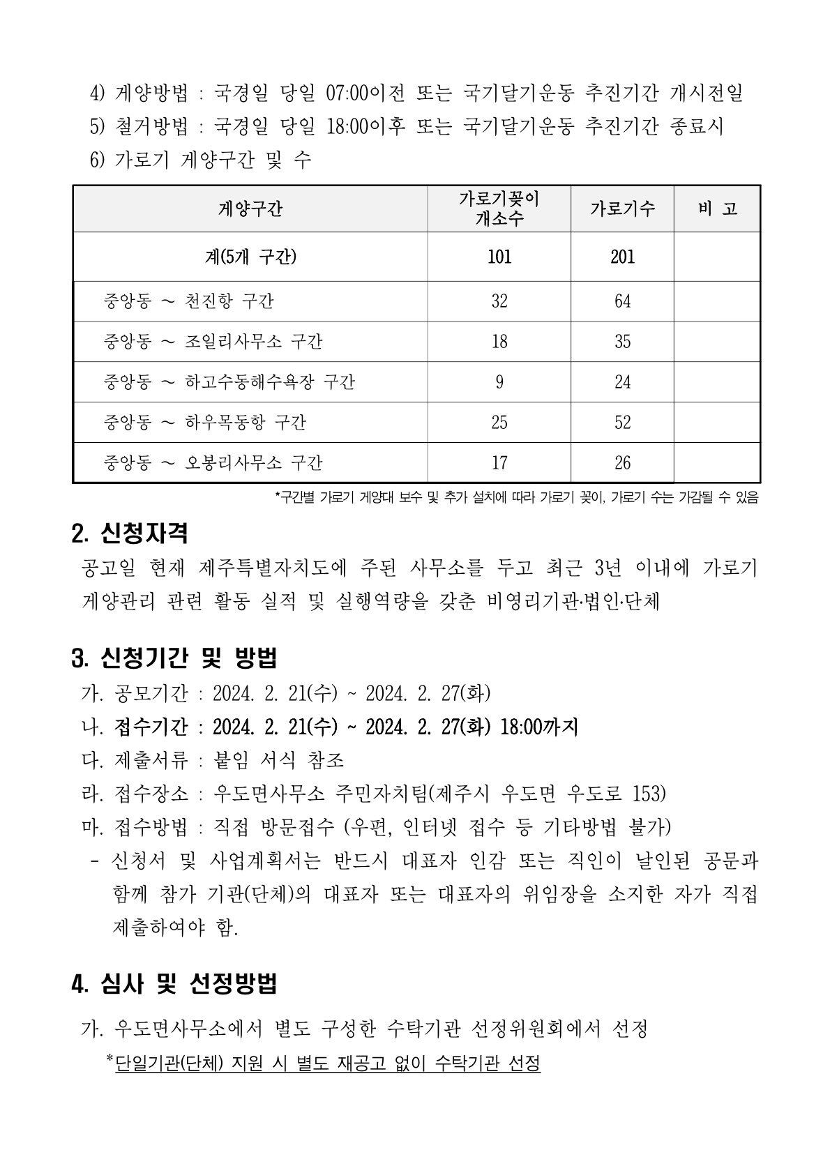 2024년 우도면 주요도로변 가로기 게양 관리대행 민간위탁사업 공고 첨부이미지